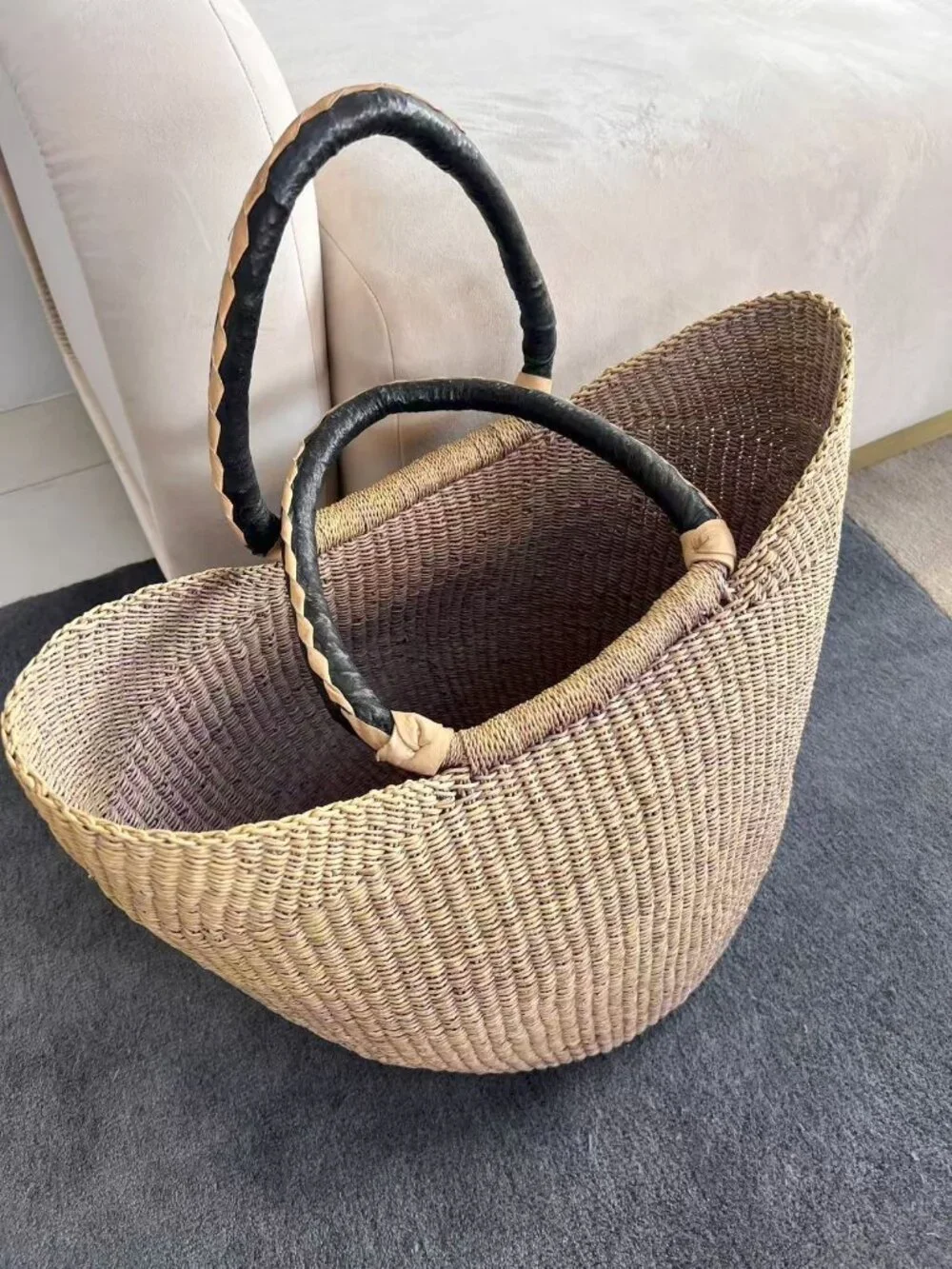 Brand New Bolga Large Handwoven Ghanaian Straw Market Tote Basket – Light Purple